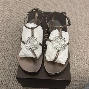 Authentic Gucci Metallic Gold Leather Swarovski Crystal Sandal
